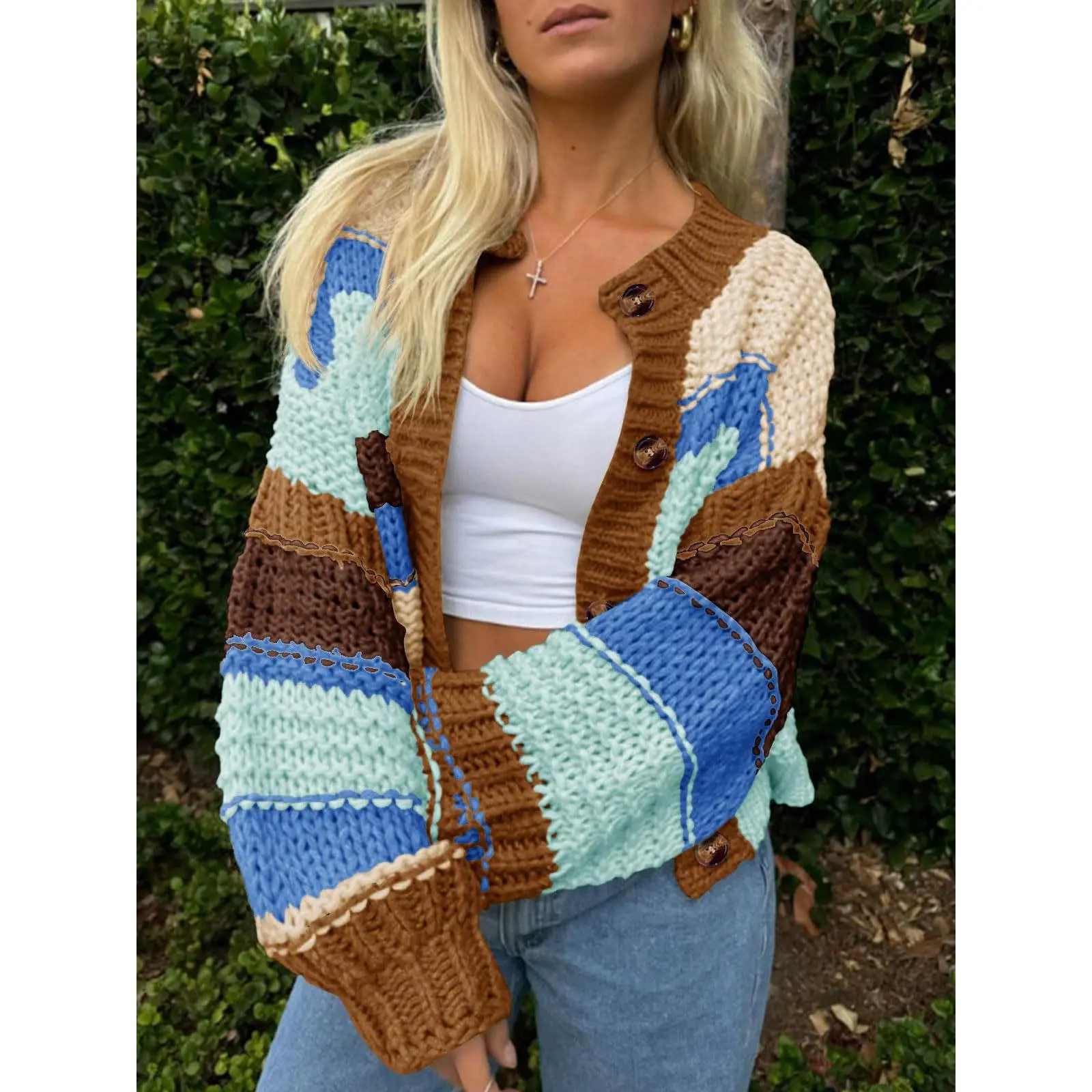 Womens Fall Winter Knit Cardigan Stylish Contrast Color Button Down Crew Neck Long Sleeve Sweater Jacket