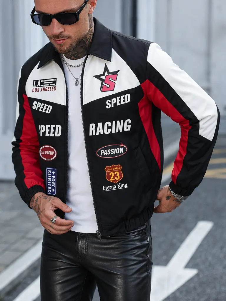Men’s Racing Coach Jacket, Color‑Block Motorsport Streetwear Outerwear, Vintage Race‑Theme Graphic Print Zip‑Up Jacket with Elastic Cuffs & Hem for Casual Street Style, elastic cuffs and hem, casual streetwear top
