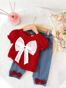 Cute Summer Baby Girl Korean Style Color Block Butterfly Top, Fashion Denim Jeans Set for Toddler Girls, Baby Clothing, Adorable Floral Design