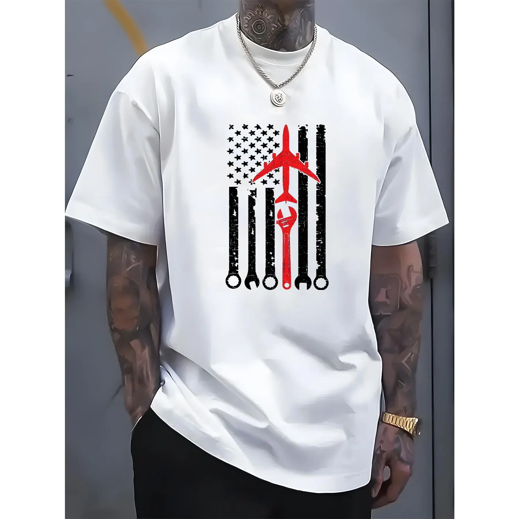 Men's 100% Cotton Casual T-Shirt with Aviation & Tools Print - Short Sleeve, Round Neck, Breathable & Machine Washable - Ideal for Everyday, Gym & Outdoor Activities
