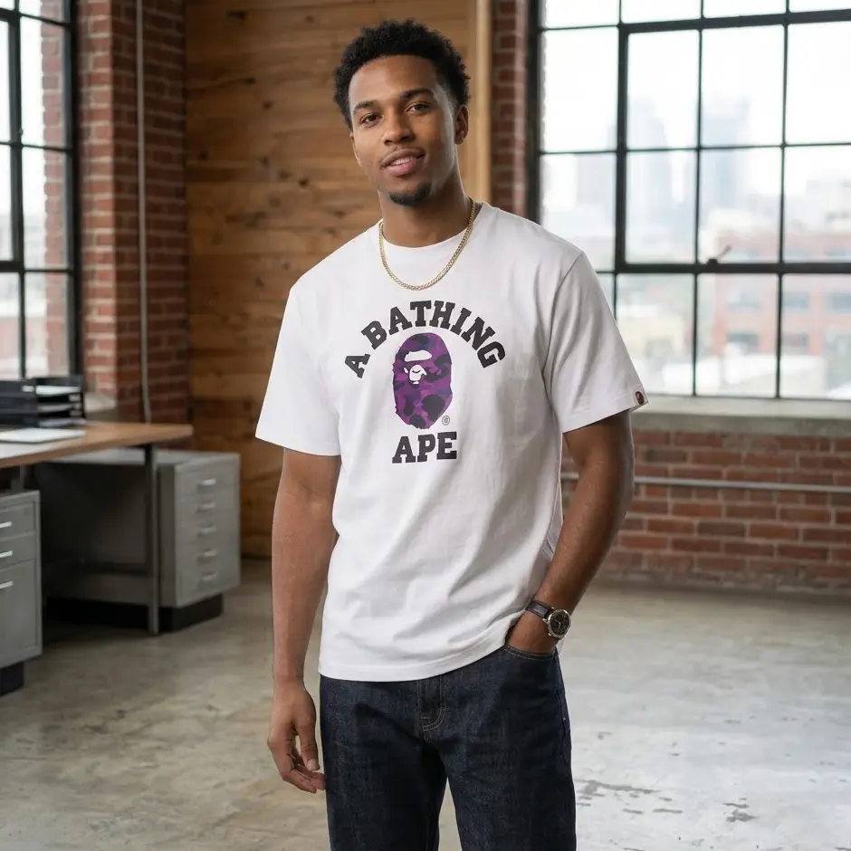 A BATHING APE Purple Camo College Logo White Tee - Premium Graphic Streetwear Cotton T-Shirt Unisex