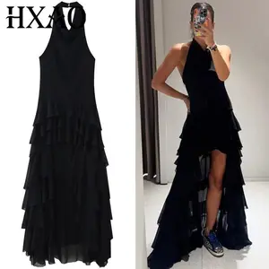 2025 Women's Dress Black Layered Dress 2025 Summer Elegant Ball Dress Ruffle Sleeveless Strap Skirt