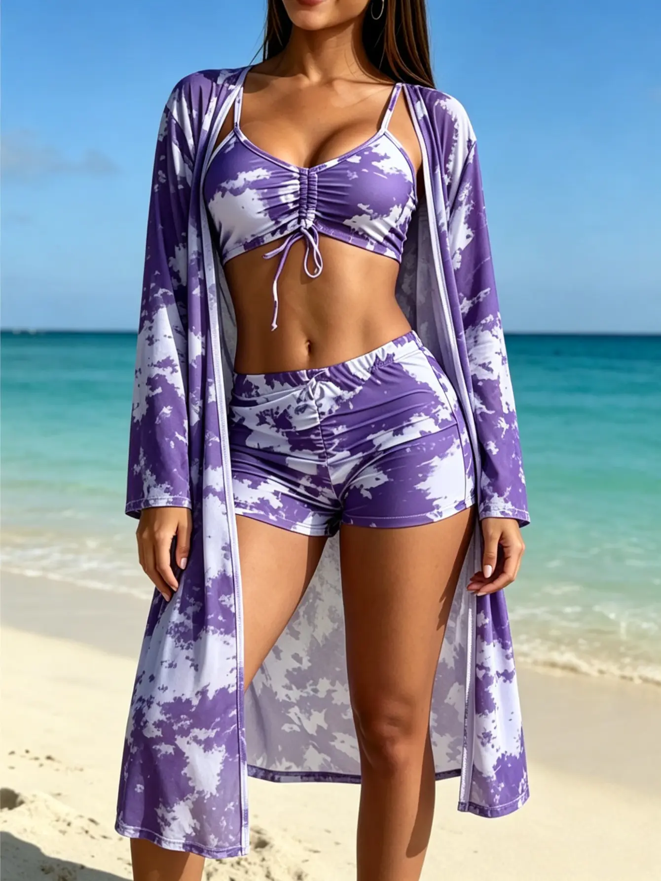 2026 Women's 3 Piece Bikini Set with Long Sleeve Cover Up, Drawstring Front Bikini Top with High Waist Bottoms & Sheer Beach Kimono, Multiple Prints Available,High Waist Shorts & Long Sleeve Sheer Cover Up Kimono for Summer Vacation