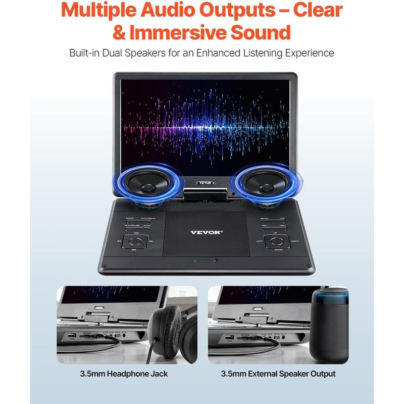 VEVOR Portable DVD Player, 14 inch HD Swivel Display Screen, 4.5-5 Hours Built-in Rechargeable Battery, Dual Speakers, Support Sync TV/USB/SD Card/CD/DVD, Car Charger, AC Power Adapter, Remote Control