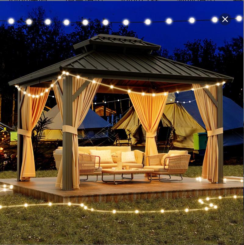 SA-Garvee Outdoor Gazebo for Patio 10x12, Metal Frame Canopy with Double Roofs, Heavy Duty Party Tent and Shelter with Mosquito Netting and Privacy Screen for Backyard, Lawn, Garden, Deck, Brown