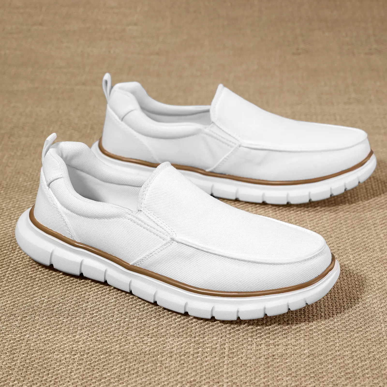 Men's Flat Low-Cut Slip-On Loafers, Breathable Knit Easy On & Off Plain Loafers, Lightweight Comfortable Casual Moccasins with Brown Accent, Non-Slip Travel Footwear for Active Use, Easy On & Off Loafers