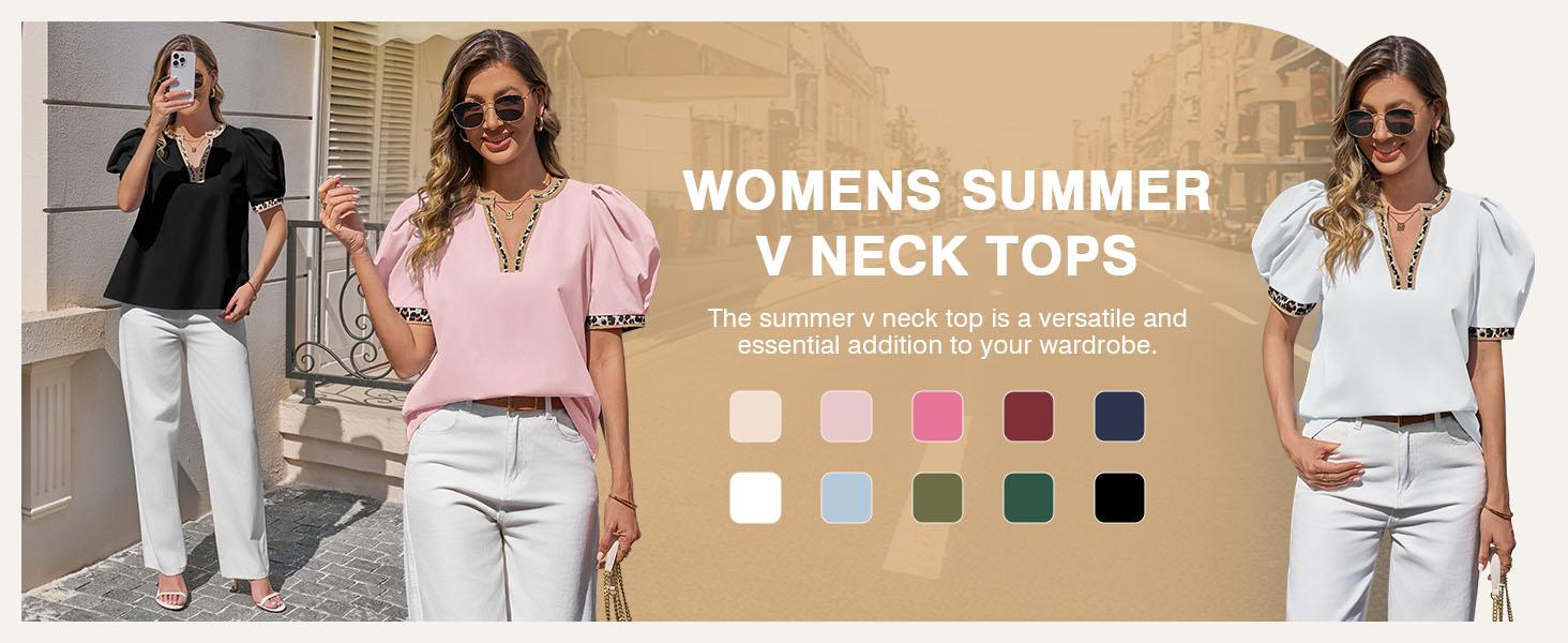 Tankaneo Women's Puff Sleeve  Blouse Tops Summer Dressy Casual V-Neck Shirts Color Block Loose Fit Tees