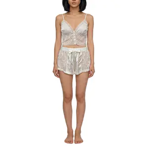 Lunaire Crochet Lace and Satin Bralette and Tap Short Pajama Set 092978