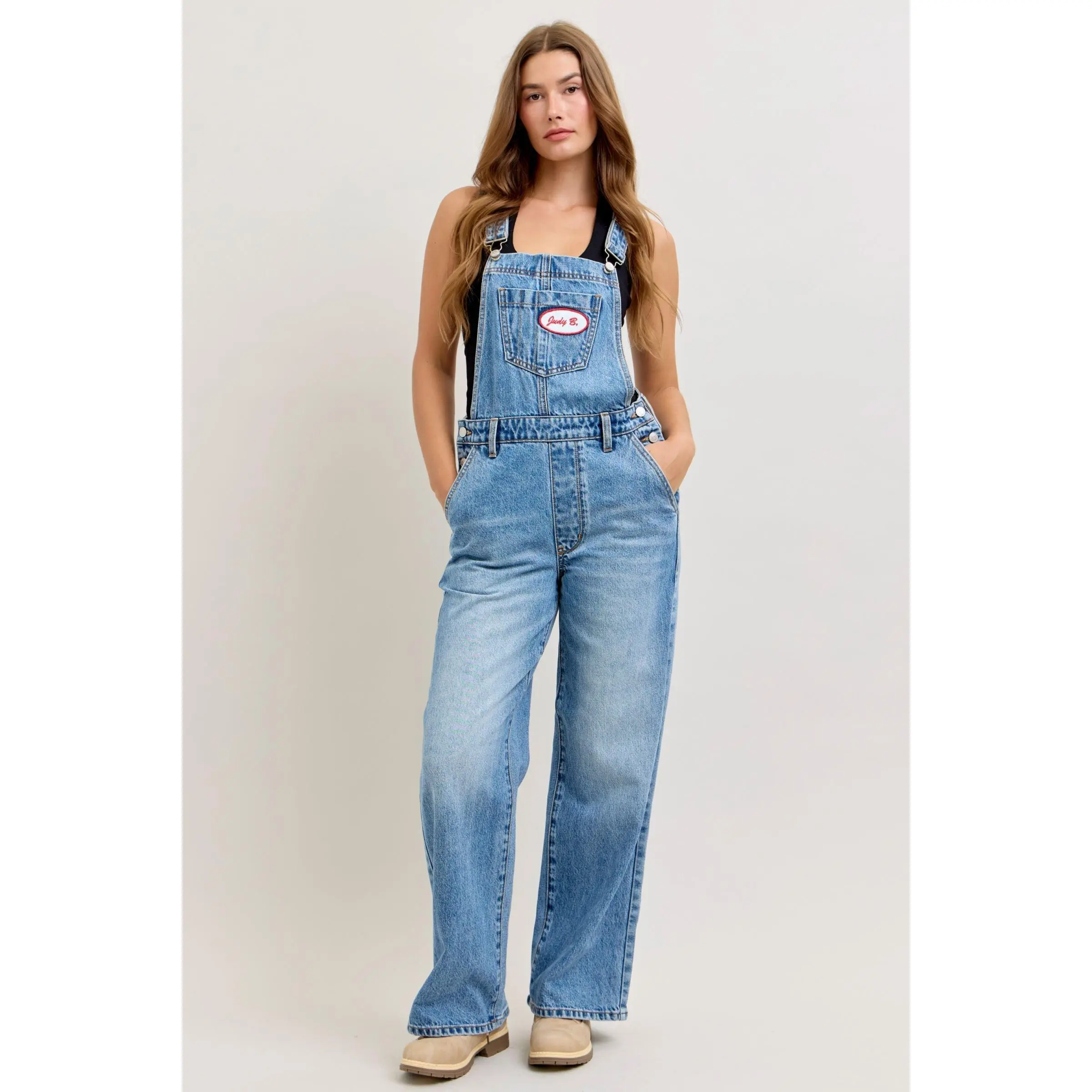 Judy Blue Women's High Waist Rigid Magic Cotton Blend Denim Overalls, Column Straight Leg, Non-Distressed Medium Wash, Comfy Ootd