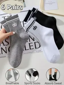 6-Pair Set Women's Solid Color Athletic Socks with Stripes and Letters, Mid-Calf Unisex Casual Socks for All Seasons, Breathable Sweat Absorbing Yoga Fitness Running Socks, Track Socks, Suitable for Daily Outing