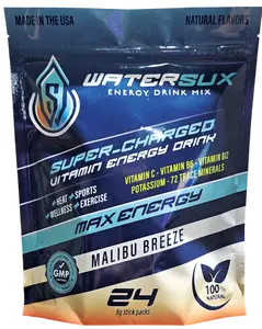 Water Sux Malibu Breeze Powdered Energy Drink Mix ,Vitamin Charged Great Tasting, Natural Caffeine