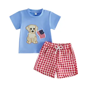 Babamoon Kids Baby Boy 4th of July Outfits Set Short Sleeve Embroidery Dog T-shirt Tops with Plaid Shorts Independence Day Summer Clothes Set 0-4T