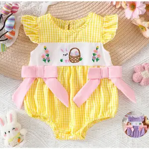 Baby Girl Easter Outfit, 0-18 Months Plaid Bunny Embroidered Romper with Bow, Newborn Spring Photo Shoot Outfit in Yellow