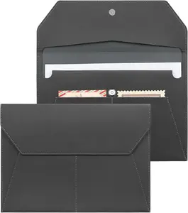 File Folder - PU Leather A4 Document Holder File Organizer Filing Envelope Portfolio Case Tablet Sleeve with  Snap Closure & Front Pockets for Home School Office Stationery Black