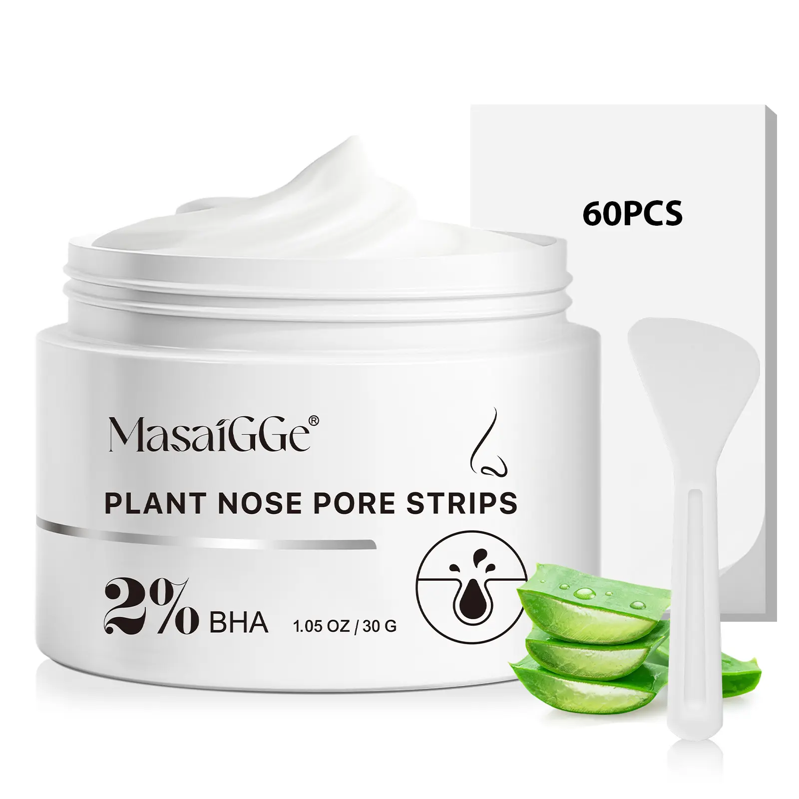 Masaigge Plant-based Nose Pore Patch 60pcs & Gentle Nose Pore Cleansing Mask 30g, Containing 2% Salicylic Acid, Suitable for Nose Skin Cleansing.