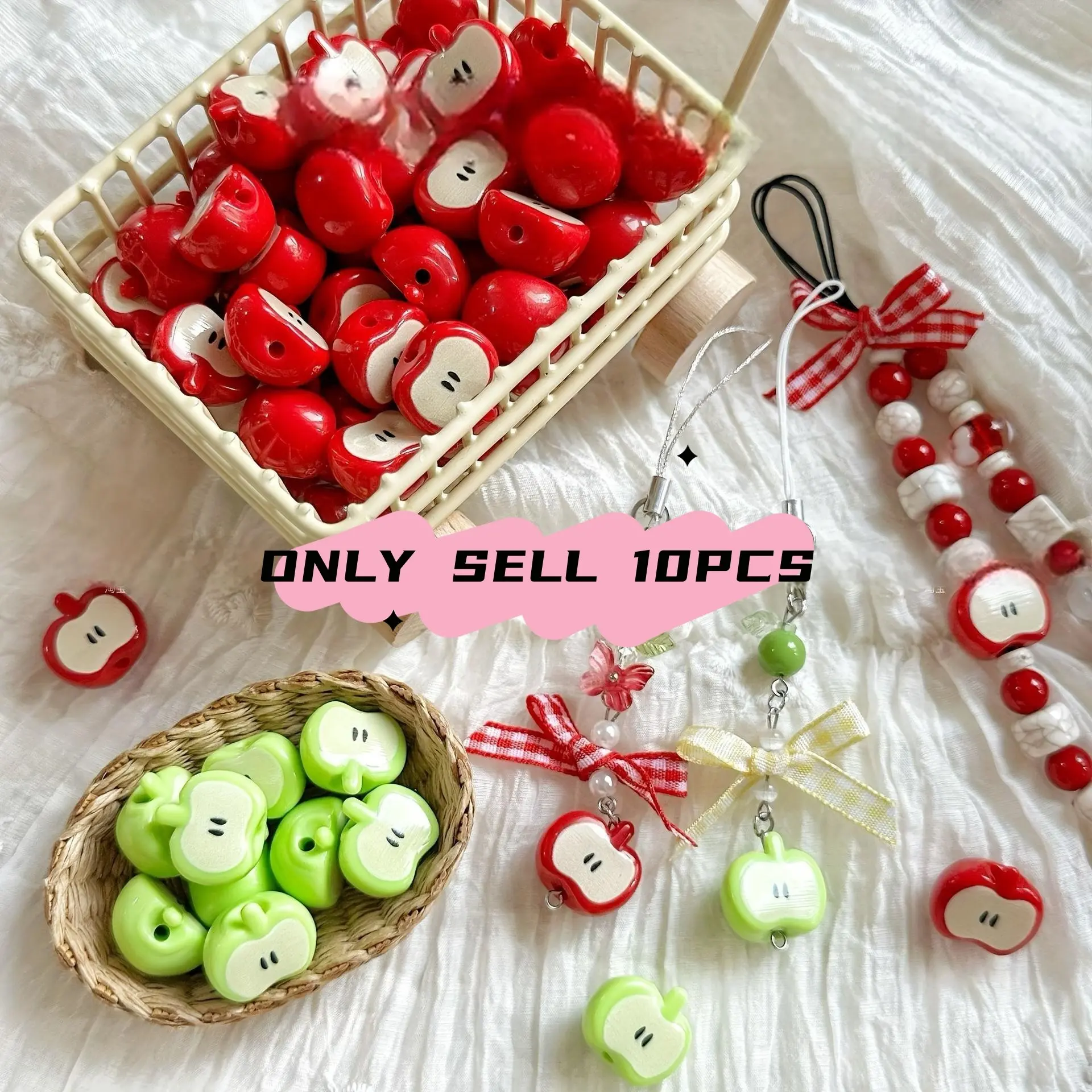 10 Pcs Acrylic Half Apple DIY Beads, Cute Elegant Farmhouse Style, Perfect for Phone Charms, Bracelets, Necklaces, Keychains, Holiday Gifts, Jewelry Making Supplies, DIY Beading Accessories, Fun Beads