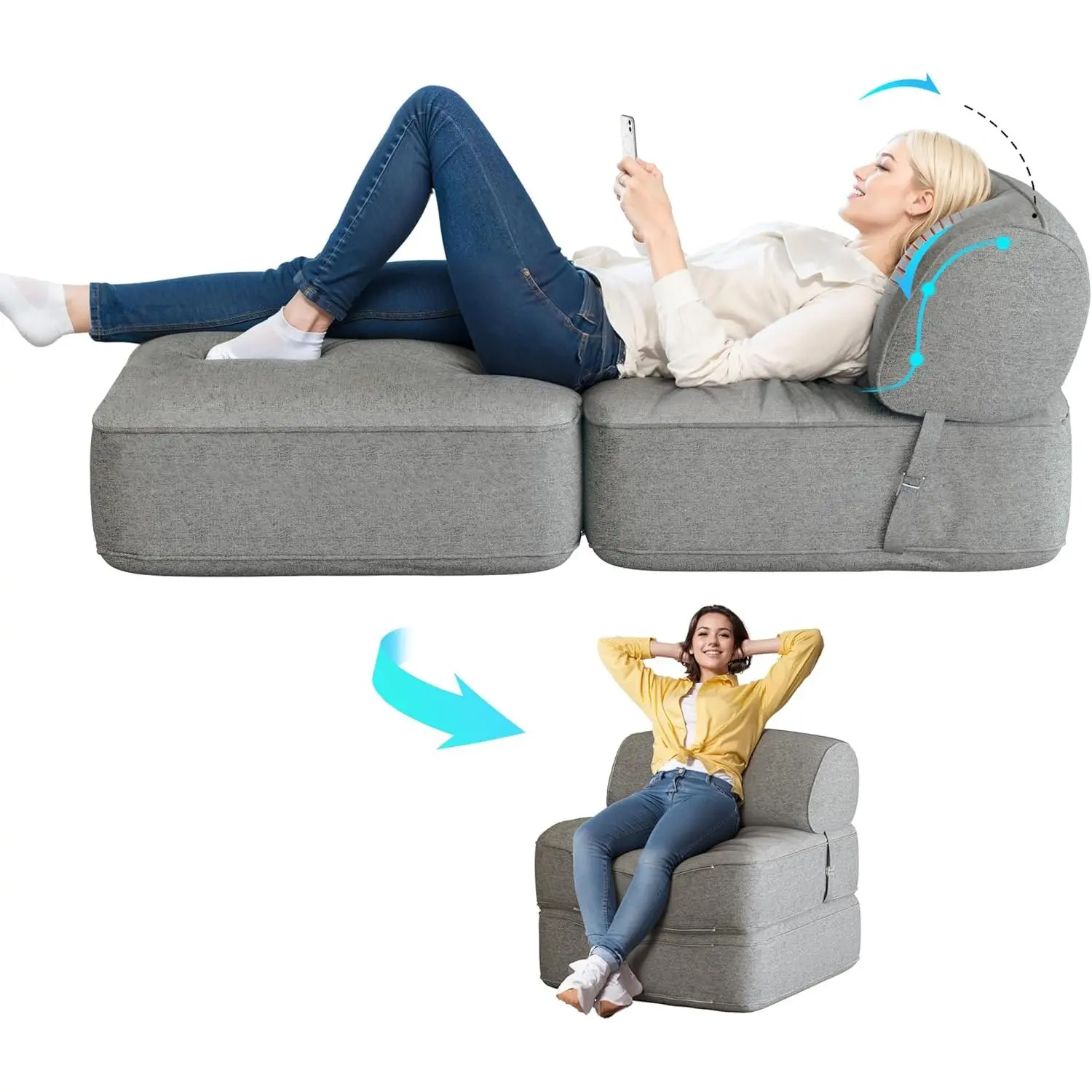 Adjustable Multi‑Piece Modular Boneless Floor Sofa Bed, Convertible Foldable Chaise Lounge with Reclining Backrest, Multi‑Position Comfy Foam‑Filled Sleeper Couch for Living Room, Bedroom, Gaming Room & Relaxation Rest