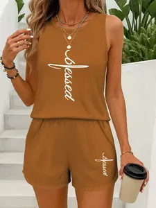 s Summer 2-Piece Sleeveless Casual Shorts & Top Set, Womenswear Faith-Themed Creative Letter   Cross Fusion Print American Casual   Faith Healing