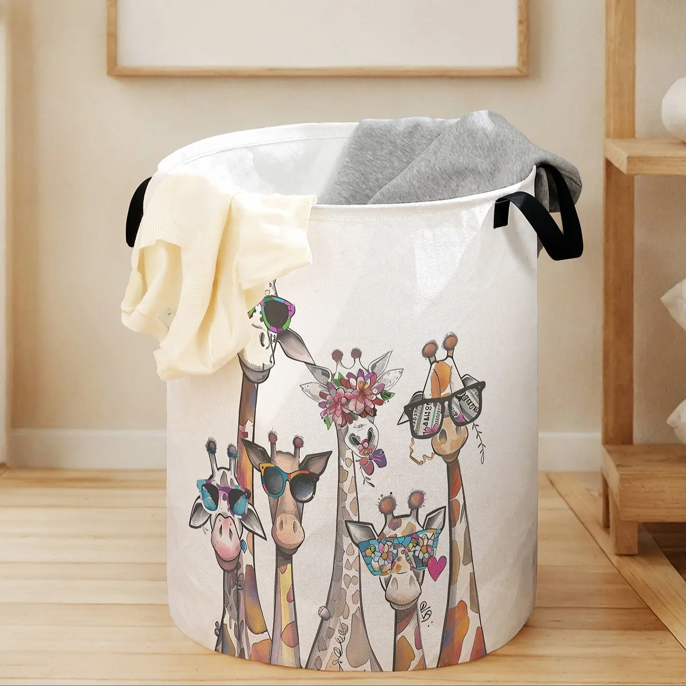 Giraffe Print Laundry Basket with Handle, Durable Foldable Clothes Storage Bin, Large Capacity Toy Organizer, Home Use Reusable Hamper, Collapsible Laundry Hamper