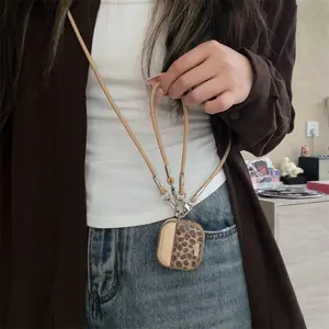 Autumn brown leopard print | Long and short lanyard | Magnetic drum bag headphone cover | Best friend gift | for AirPods 1 2 3 4 Pro Pro2 Pro3