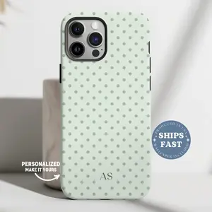Personalized Sage Green Polka Dot Phone Case for iPhone 17 16 15 14 13 12 Initials iPhone Case Polka Dot Phonecase Monogram Custom Phonecase