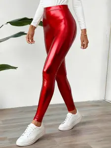 Spring Autumn New Solid Color Shiny Tight Fitting Slim Bottoms Legging, Home Wear, Sports, Casual, Natural Waist, Long Regular Fit