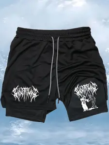 Sporty Men's Cartoon Graphic 2-IN-1 Sports Shorts, Gym Shorts, Sports Drawstring Pocket Shorts, Sport & Outdoor Clothing for Men, Drawstring Active Shorts