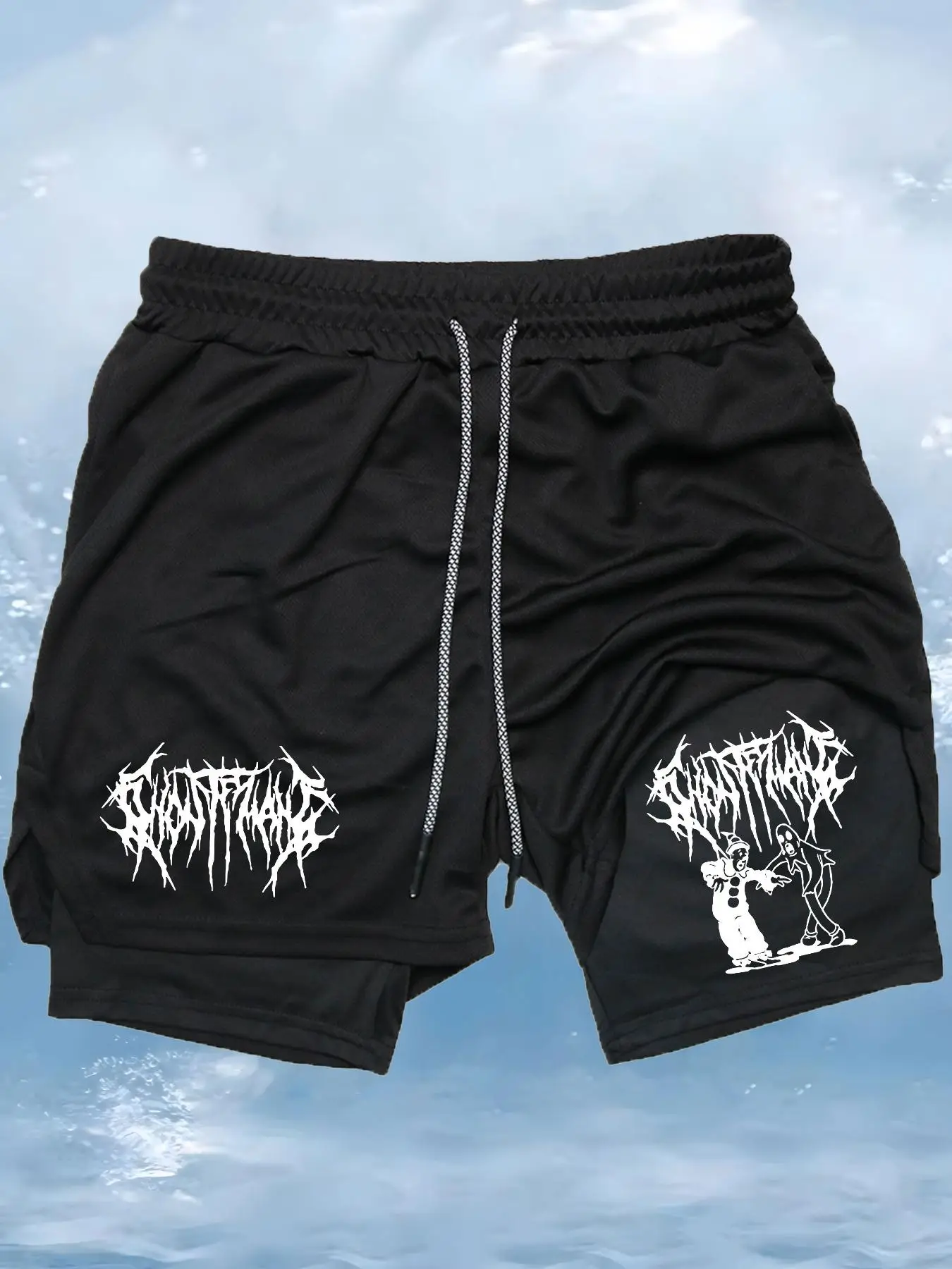 Sporty Men's Cartoon Graphic 2-IN-1 Sports Shorts, Gym Shorts, Sports Drawstring Pocket Shorts, Sport & Outdoor Clothing for Men