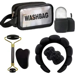 7PCS Makeup Bag Set, Spa Headband for Washing Face, Velvet Makeup, Bubble Skincare With Face Wash Wristbands, Sponge Puffy for Women Skin Care - Black