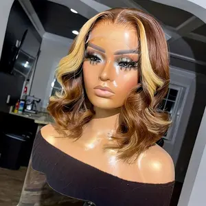 Brown Blonde Highlight Bob Wig Human Hair Body Wave Short Bob 13x4 HD Transparent Lace Frontal Wig Pre Plucked With Baby Hair Short Bob Wigs 180% Density For Woman