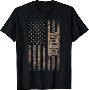Women's Round Neck Shortsleeve T-Shirt - Soft Fabric Casual Streetwear Graphic T Shirt, Sun-Protective Layer, Menswear-Infused Unisex American Flag Design, Coat-Pairable Birthday Gift for Welders, Tshirt