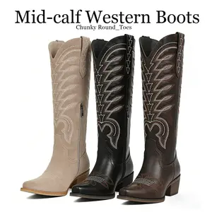 Women's Embroidered Suede Western Cowboy Boots  Mid Calf Pointed Toe Chunky Heel Booties for Casual Country Outfits plus size