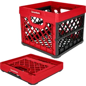 Collapsible Milk Crate 25L (6.6 Gal), 50 lb Capacity Heavy Duty Folding Stackable Storage Crates with File Rails, Plastic Collapsible Crate - Red