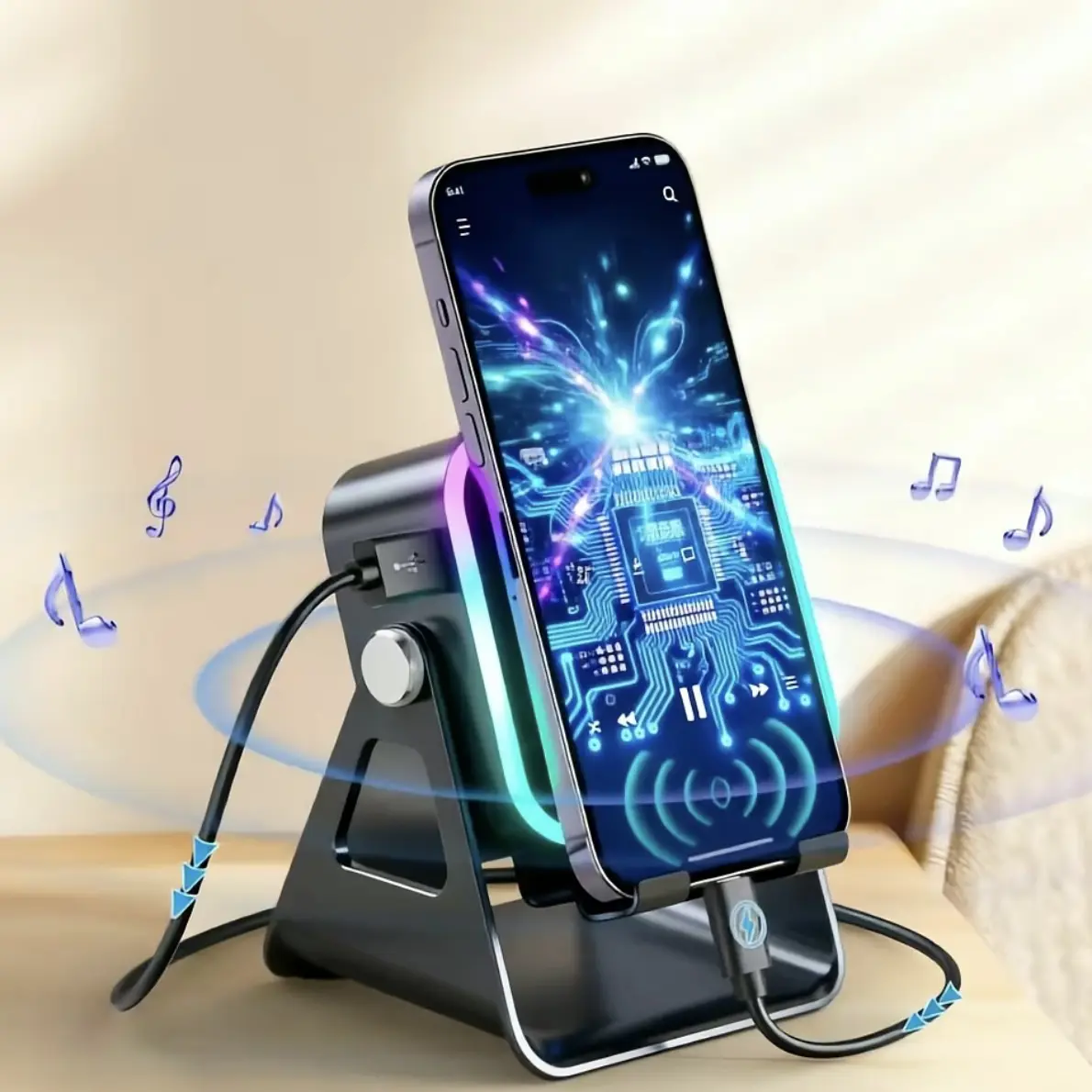 Wireless Induction Audio Speaker Stand - Smartphone/Device Holder, 3500mAh Rechargeable Emergency Power Bank, 360° Adjustable iPad Stand, Colorful Ambient Light for Camping, Mother’s Day Gift mobile tablet stand