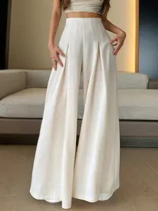 Women's Loose Fit Plain Long Pants, High Waist Zipper Wide Leg Design, Casual Button Fly, All Seasons, Daily Commute Wear