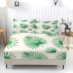 3Pcs Tropical Palm Leaf Printed Fitted Sheet Set, Fresh Natural Style Bedding Set, Soft and Breathable Fabric, Deep Pocket Design, Easy to Clean, Suitable for Bedroom Decoration