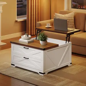 HOOBRO Lift Top Coffee Table with Storage, 31.5" Large Square Coffee Table with 2 Drawers, Large Hidden Space, White Farmhouse Coffee Table for Living Room, Home Office, White and Walnut #SummerVibes