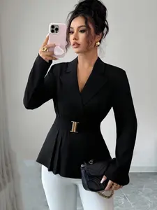 Long sleeve black toned waist cinched suit jacket for women, Work Office Clothes, with a waist cinched design that is not too picky, the fabric has a drape that is suitable for commuting to work, shopping, and outdoor wear