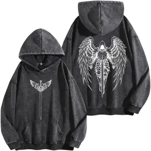 Saint Michael Angel Washed Hoodie, Holy Warrior Graphic Tee, Christian Gothic Streetwear Shirt, Oversized Faith Inspired Apparel