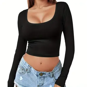Women's Solid Square Neck Long Sleeve Crop Top Y2K Sexy Slim Fit Casual Base Top Soft Sweatshirt For Daily Outgoing