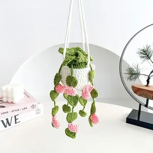 Boho Crochet Hanging Plant for Car Knitted Rear View Mirror Hanger Cotton Linen Decorative Accessory for Men and Women - Car Ornament