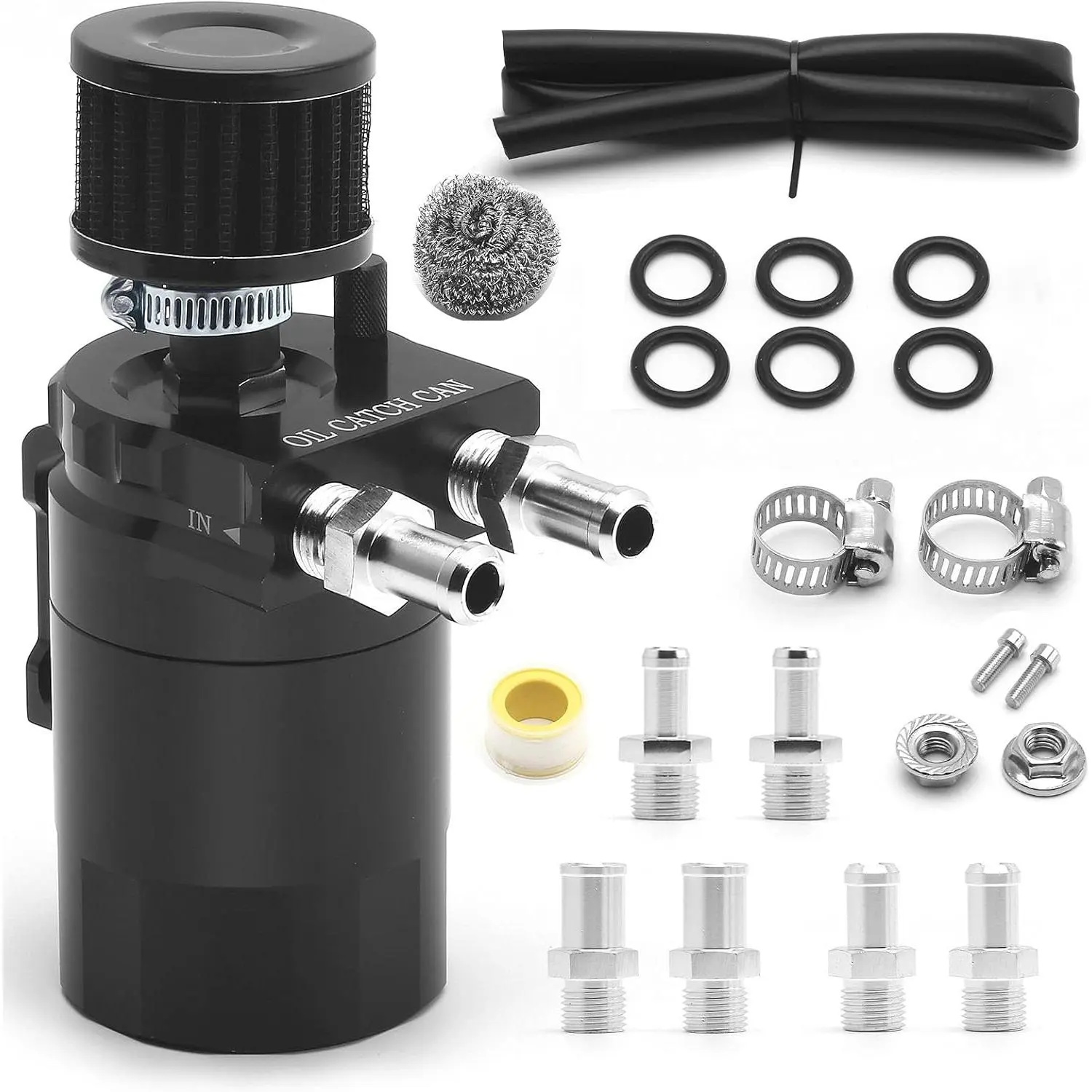 Muge Racing 400ml Baffled Aluminum Oil Separator Kit (1 Kit) - Universal for Cars/Trucks, with Breather Filter & Accessories, 3/8" Fuel Line, Fits 5.7 Hemi/5.3 Silverado, Traps Oil & Moisture, Extends Engine Life, Black, Adapters, Hose Clamps