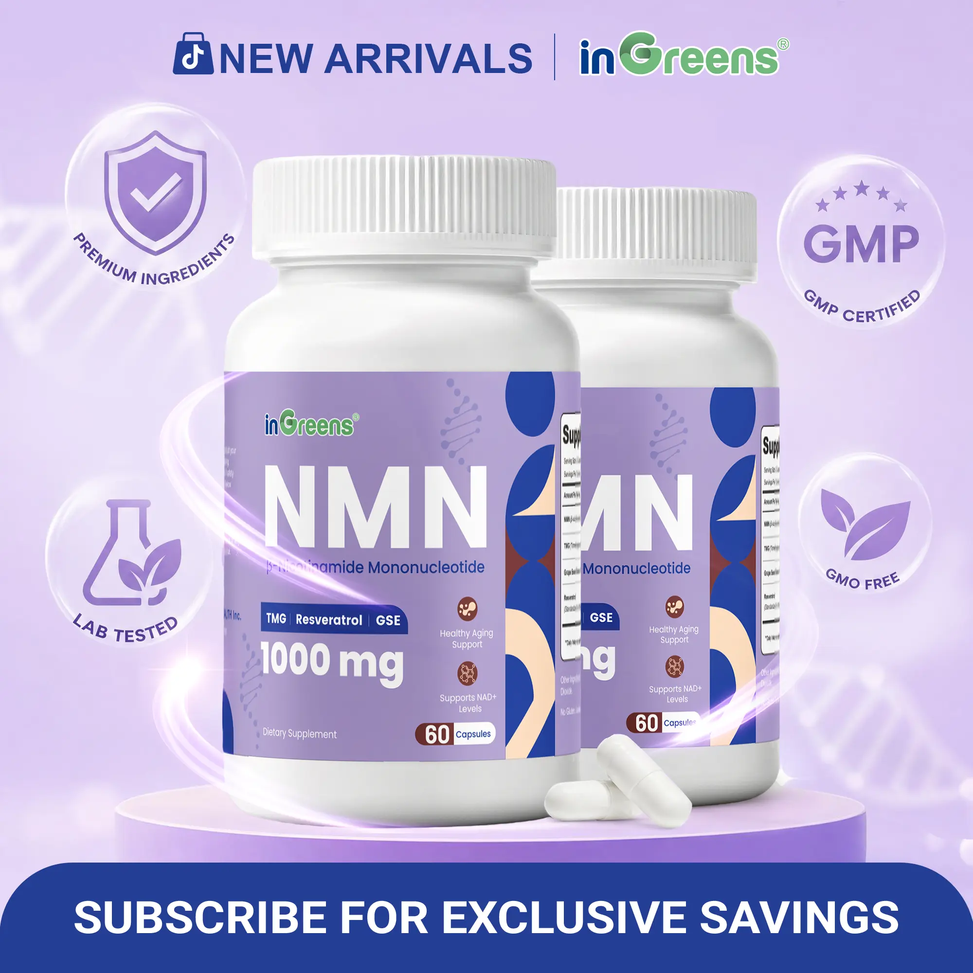 inGreens NMN 1000mg Dietary Supplement Stack (140g, 60 Capsules) - Trans-Resveratrol, TMG, Grape Seed Extract Anti-Oxidants - 3rd Party Tested, 24 Months Shelf Life, Cellular Energy & Body Health Support