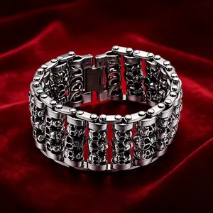 Punk 316L Stainless Steel Multiple Skull Heads Charm Bracelet for Men, Biker Hand Chain, Gothic Heavy Metal Jewelry,