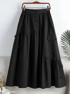 Women's Basic Plain Midi Skirt with Adjustable Drawstring Pocket, Button A-Line Design, Casual Fitted Skirt for Daily Commute, Travel, Party, Casual Streetwear Skirt