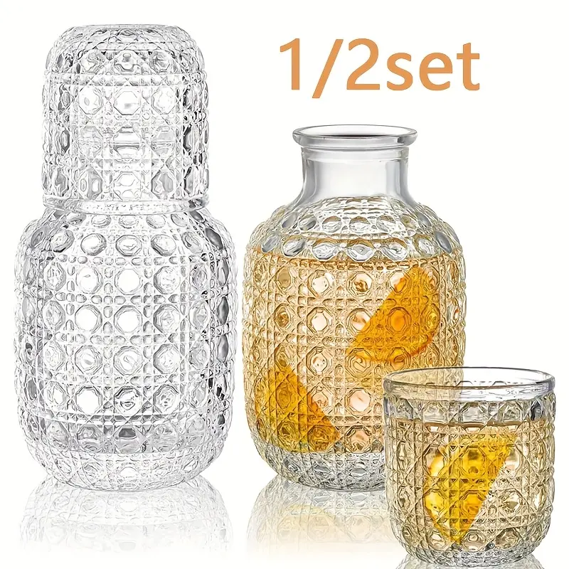 1/2 Sets Vintage Bedside Water Carafe Set with Tumbler, Clear Glass Mouthwash Bottle Nightstand Carafe and Glass for Handy Midnight Drink Set for Water, Juice, Kitchen, Bedroom