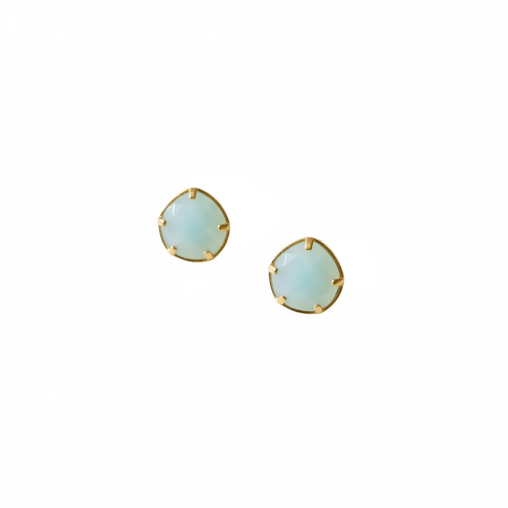 Aqua Chalcedony Pear Stud Earrings 14K Gold Plated 925 Sterling Silver 8mm