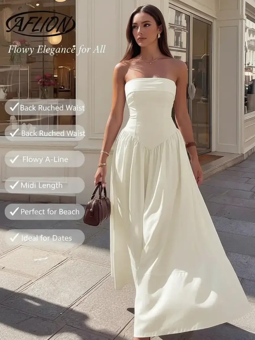 Aflion Women's Summer White Bandeau Midi Dress, Back Ruched Waist Flowy A-Line Maxi Dress, Suitable For Beach, Vacation, Daily Wear And Date Night