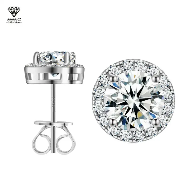 Polished Round Halo Stud Earrings in Silver Plate with CZ, Unisex Hypoallergenic Nickel-Free Wedding Jewelry, Sizes 0.3CT-2CT, Earring For Women, Sizes 0.3-2Ct