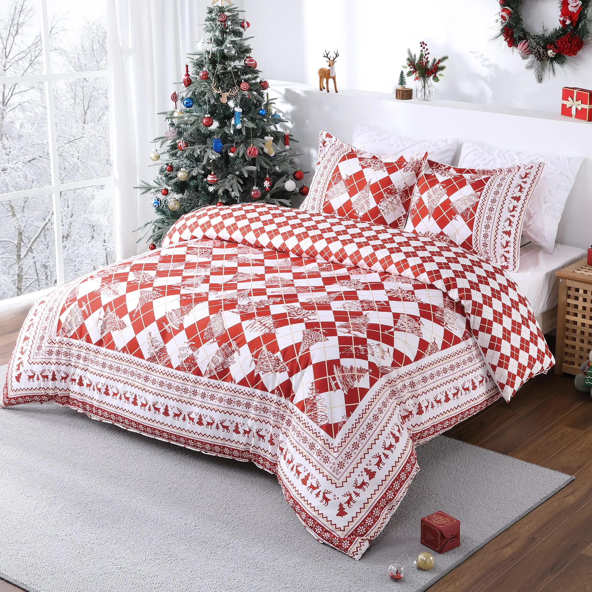 Christmas Duvet Cover Set King Size - Red Checkered Christmas Tree Printed Xmas Decorations Duvet Covers, Soft and Breathable Christmas Bedding Set